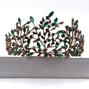 Golden Tiara Leaf with Green Glass Crystals Bridal Prom Crown Headpiece